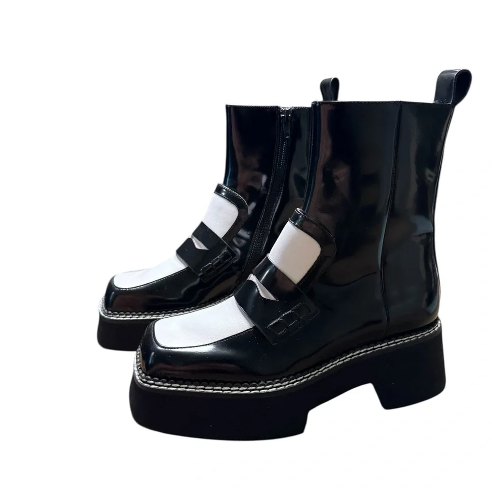 🖤 Jeffrey Campbell Tuxie Bootie 🖤 Black & White Platform Patent Loafer Boots 5.5